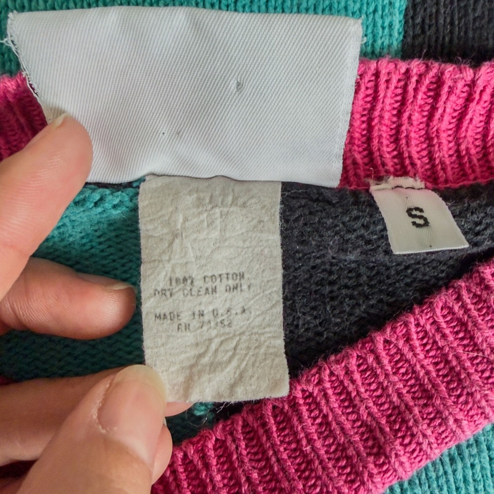 Eclectic Vintage 80's Teal Abstract Retro Cotton Colorblock Sweater Dress Size S - Picture 6 of 6